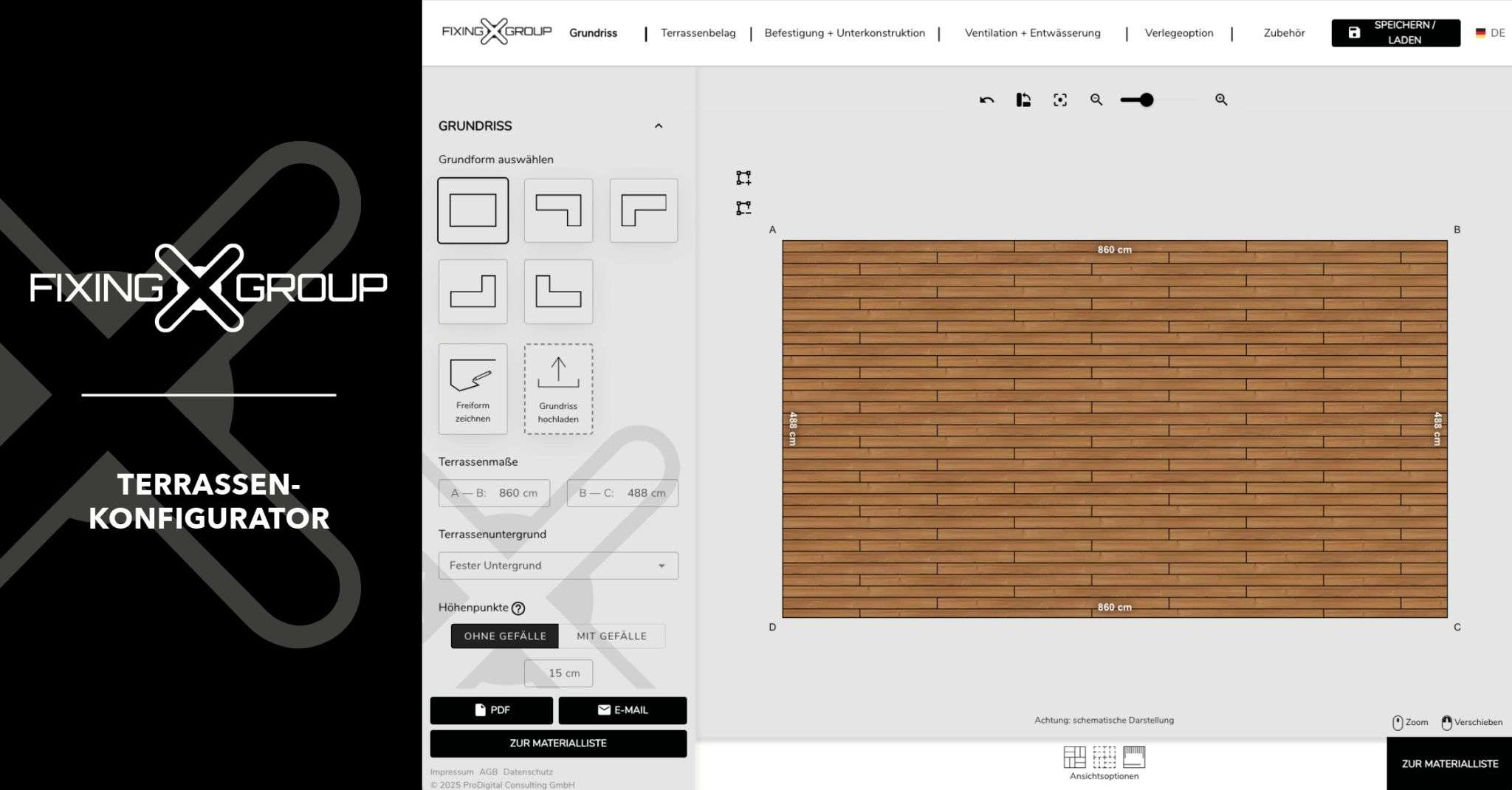 Visualisierung eines digitalen Terrassenplaners auf einem Laptopbildschirm; moderne Benutzeroberfläche mit Auswahlfeldern für Terrassenmaterial, Unterkonstruktion und Layout.